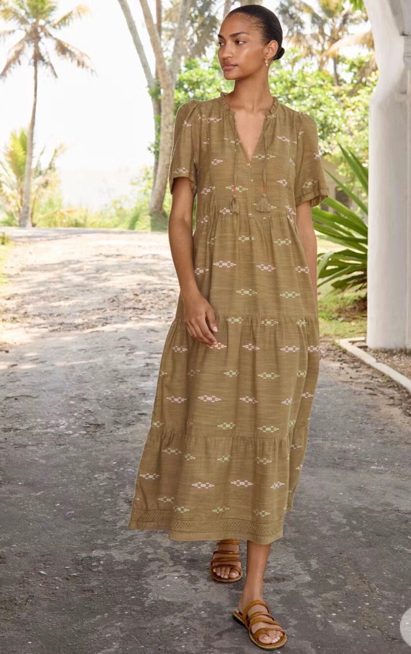 Wrap London Women’s Cotton jacquard Tiered Dress size 4 Khaki Boho Fall